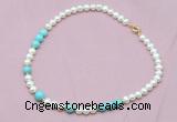 CFN519 9mm - 10mm potato white freshwater pearl & blue howlite necklace