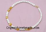 CFN522 9mm - 10mm potato white freshwater pearl & yellow banded agate necklace