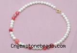 CFN523 9mm - 10mm potato white freshwater pearl & red banded agate necklace