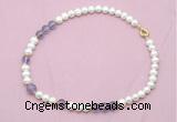 CFN532 9mm - 10mm potato white freshwater pearl & amethyst gemstone necklace