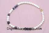 CFN533 9mm - 10mm potato white freshwater pearl & dogtooth amethyst necklace