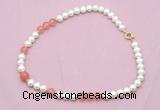 CFN534 9mm - 10mm potato white freshwater pearl & cherry quartz necklace