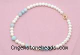CFN535 9mm - 10mm potato white freshwater pearl & aquamarine necklace