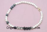 CFN539 9mm - 10mm potato white freshwater pearl & snowflake obsidian necklace