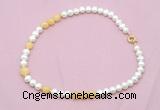 CFN542 9mm - 10mm potato white freshwater pearl & honey jade necklace