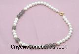 CFN543 9mm - 10mm potato white freshwater pearl & grey agate necklace