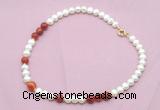 CFN544 9mm - 10mm potato white freshwater pearl & red banded agate necklace