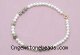 CFN552 9mm - 10mm potato white freshwater pearl & feldspar necklace