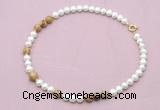 CFN555 9mm - 10mm potato white freshwater pearl & picture jasper necklace