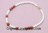 CFN561 9mm - 10mm potato white freshwater pearl & red jasper necklace