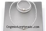 CFN601 4mm faceted round white moonstone & potato white freshwater pearl jewelry set