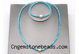 CFN617 4mm faceted round turquoise & potato white freshwater pearl jewelry set