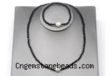 CFN625 4mm faceted round black tourmaline & potato white freshwater pearl jewelry set