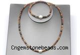 CFN638 4mm faceted round picasso jasper & potato white freshwater pearl jewelry set