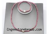 CFN642 4mm faceted round pink wooden jasper & potato white freshwater pearl jewelry set