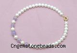 CFN705 9mm - 10mm potato white freshwater pearl & lavender amethyst necklace