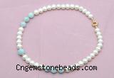 CFN716 9mm - 10mm potato white freshwater pearl & aquamarine necklace