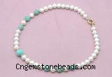 CFN722 9mm - 10mm potato white freshwater pearl & amazonite necklace