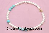 CFN725 9mm - 10mm potato white freshwater pearl & blue howlite necklace