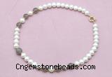 CFN727 9mm - 10mm potato white freshwater pearl & grey agate necklace