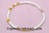 CFN729 9mm - 10mm potato white freshwater pearl & yellow banded agate necklace