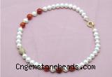 CFN731 9mm - 10mm potato white freshwater pearl & red banded agate necklace