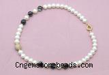 CFN733 9mm - 10mm potato white freshwater pearl & black banded agate necklace