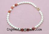 CFN737 9mm - 10mm potato white freshwater pearl & fire agate necklace