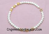 CFN740 9mm - 10mm potato white freshwater pearl & honey jade necklace