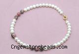 CFN747 9mm - 10mm potato white freshwater pearl & rhodonite necklace