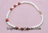 CFN755 9mm - 10mm potato white freshwater pearl & red jasper necklace