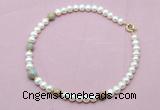 CFN761 9mm - 10mm potato white freshwater pearl & serpentine jasper necklace