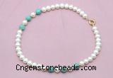 CFN762 9mm - 10mm potato white freshwater pearl & blue sea sediment jasper necklace