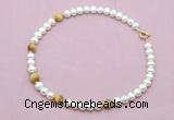 CFN765 9mm - 10mm potato white freshwater pearl & golden tiger eye necklace