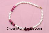 CFN767 9mm - 10mm potato white freshwater pearl & red tiger eye necklace
