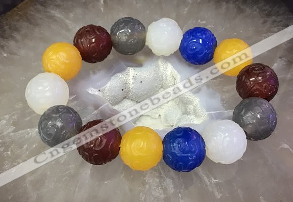 CGB3003 7.5 inches 16mm carved round mixed agate bracelet wholesale