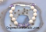 CGB6647 10mm round white fossil jasper & amethyst adjustable bracelets