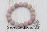 CGB6900 10mm, 12mm matte pink wooden jasper beaded bracelet with alloy pendant