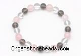 CGB8001 8mm white crystal, rose quartz & smoky quartz beaded stretchy bracelets