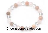 CGB8008 8mm white crystal, rose quartz & sunstone beaded stretchy bracelets