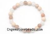 CGB8015 8mm white jade, white fossil jasper & sunstone beaded stretchy bracelets