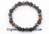 CGB8042 8mm black lava, hematite & yellow tiger eye beaded stretchy bracelets