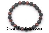 CGB8070 8mm grade AA red tiger eye & black lava beaded stretchy bracelets