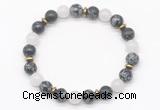 CGB8123 8mm snowflake obsidian, white jade & hematite power beads bracelet