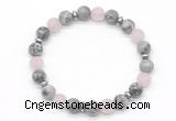 CGB8157 8mm grey picture jasper, matte rose quartz & hematite power beads bracelet