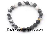 CGB8300 8mm matte black white jasper & black lava beaded mala stretchy bracelets