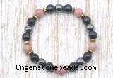 CGB8371 8mm pink wooden jasper, black onyx & hematite energy bracelet