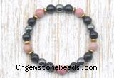 CGB8371 8mm pink wooden jasper, black onyx & hematite energy bracelet