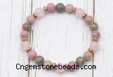 CGB8445 8mm pink wooden jasper, unakite, rose quartz & hematite power beads bracelet