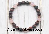 CGB8471 8mm red tiger eye, rose quartz & hematite power beads bracelet